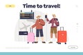 Time to travel concept of landing page with senior couple with luggage suitcases in airport