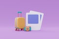 Time to travel concept,suitcase with camera and Photo frame ,Tourism and travel .3d rendering