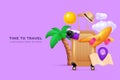 Time to travel. 3D summer beach holidays. Suitcase luggage. Plane to vacation. Ticket and passport. Transportation by