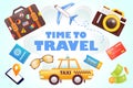 Time to Travel. 3d illustration of camera, taxi car, suitcase, plane, passport and glasses