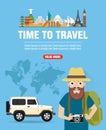 Time to travel design flat. Traveler on a modern suv car Royalty Free Stock Photo