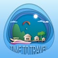 Time to travel emblem template. Sea resort with bungalows, paragliding, yacht, palm trees and mountain.