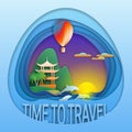 Time to travel emblem template. Sunset with hot air balloon, dolphins, pagoda near mountain and palm trees.