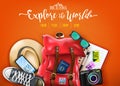 Time To Travel Explore The World Text with Red Backpack, Hat, Sunglasses, Shoes, Phone, Camera and Passport
