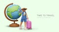 Time to travel. Female character walks in front of giant globe