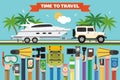Time to travel flat design with jeep, boat trailer. Summer holiday
