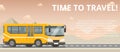 Time to travel. Flat vector yellow bus goes on the highway in the desert.