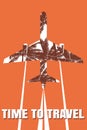 Time To Travel Flight Poster. Airplane in the sky, silhouette