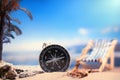 Time to Travel. Idea for tourism with compass, palm tree and chaise lounge on the sand with corals on the background of