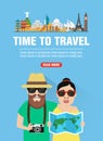 Time to travel. Journey of young couple concept design flat banner Royalty Free Stock Photo