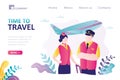 Time to travel, landing page template. Modern airplane takeoff. Vacation in exotic countries. Cabin crew. Flight attendants, close