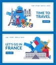 Time to travel, lets go in France, studying landing set vector illustration. Website page learning foreign language