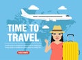 Time to travel, modern large banner concept design. Young woman traveling