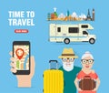 Time to travel, old couple in travel. Journey of grandparents concept design flat banner Royalty Free Stock Photo