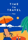 Time to Travel poster. Summer banner with beach and sea. Vector flat illustration Royalty Free Stock Photo