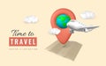 Time to travel promo banner design. 3D plane with pin location and map. Summer travel. Vector illustration Royalty Free Stock Photo