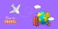 Time to travel promo banner design. 3D plane with pin location, suitcase, camera, cloud and planet Earth in minimal style. Summer Royalty Free Stock Photo