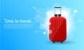 Time to travel. Red glossy suitcase with wheels. Travel banner concept Royalty Free Stock Photo