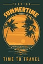 Time To Travel Retro Poster Florida. Tropical coast beach, palm Royalty Free Stock Photo