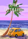 Time To Travel, Retro Poster. Yellow vintage car, sunset, palm on the beach, coast, surf, ocean. Vector illustration Royalty Free Stock Photo