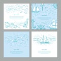 Time to travel sketch vector set templates in blue and white colors. Marine sketch with vector sailboat, yacht, bottle, seagulls, Royalty Free Stock Photo