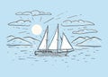 Marine sketch hand drawn vector sailboat, mountains, sea, clouds, sun. Vintage sailing yacht on the sea on a blue background