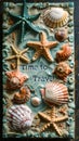 Time to Travel spelled with letter tiles on a sandy background adorned with colorful seashells and a green starfish evoking beach