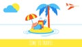 Time to travel summer beach holiday vacation poster or banner flat style design vector illustration concept isolated white backgro Royalty Free Stock Photo