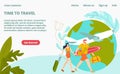 Time to travel tourism landing page, young people tourists on vacation with traveling bags and airplane, earth globe Royalty Free Stock Photo