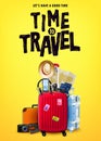 Time to Travel Tourism Poster Concept Front View with Red 3D Traveling Bag and Realistic Travel Item