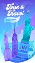 Time to Travel Typography Banner. Visit Big City in United State of America. New York has Sight Like Brooklyn Bridge, Central Park