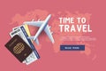 Time to travel. Vacation trip offer concept with passport, ticket, airplane. Travel banner template.