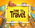 Time to travel vector banner design with famous world landmarks