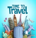 Time to travel vector design with famous tourism destinations and landmarks of the world