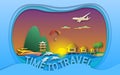 Time to travel vector illustration in paper cut style. Sunset, sea resort with bungalows, yacht, pagoda, paraglider, islands.