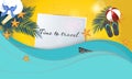 Time to travel vector poster with attributes of the beach and tropical leaves, travelling and summer banner. Vector illustrasion.