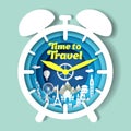 Time to travel vector poster banner template. Paper cut craft style clock with world famous landmarks. Royalty Free Stock Photo