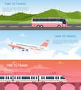 Time to travel web banner vector templates set. Tourist agency advertisement designs pack. Airway, railway and road