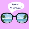 Time to travel, woman sunglasses, vacation, summer resort. Palms, sea, ocean, clouds are reflected in sunglasses. Vector Royalty Free Stock Photo