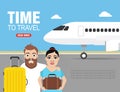 Time to travel. Young couple in travel. Journey concept design flat banner with plane