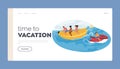 Time to Vacation Landing Page Template. Characters Enjoying A Thrilling Activity Of Riding Banana-shaped Inflatable Raft
