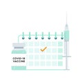 Time to vaccinate. Coronavirus vaccine. Vial bottle, syringe and calendar. For prevention and immunization from Covid-19. Vector