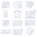 Time to vaccinate icons. Medical card, syringe, vial, calendar, online doctor and other clinical icons. Immunization concept.