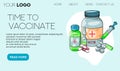 Time to vaccinate. Landing page template. Flat cartoon concept for web design. Vector illustration. Ampoule, Syringe with vaccine.