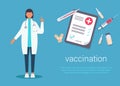 Time to vaccinate. Landing page template. Modern flat concept for web design. Vector illustration syringe with vaccine, bottle,