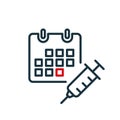 Time to Vaccinate line icon. Calendar with Syringe. Vaccine for Influenza, Measles, Covid or Coronavirus. Vaccination