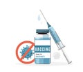 Time to vaccinate. Medical vial, bottle with vaccine, syringe and coronavirus stop icon. Vector illustration in blue