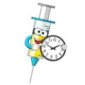 Time to vaccinate Smiling cartoon character mascot medical syringe vaccine clock vector illustration isolated