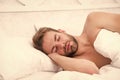 Time to wake up and have nice day. good morning. sweet dreams. male health and bachelor lifestyle. man fast sleep. Relax Royalty Free Stock Photo