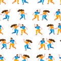 Time together .Dancing cartoon characters of people in 50s retro style seamless pattern . Cartoon romantic characters couple Royalty Free Stock Photo